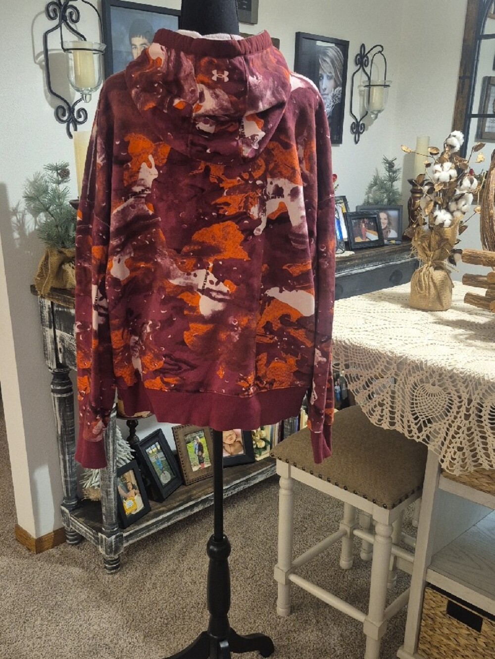 Under Armour Maroon Hoodie with Orange & Cream Abstract Print - Picture 7 of 11